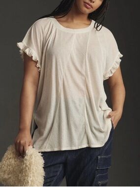 NWT Anthropologie Short Sleeve Spliced Ruffled Tee 1X Plus Size Ivory Semi Sheer